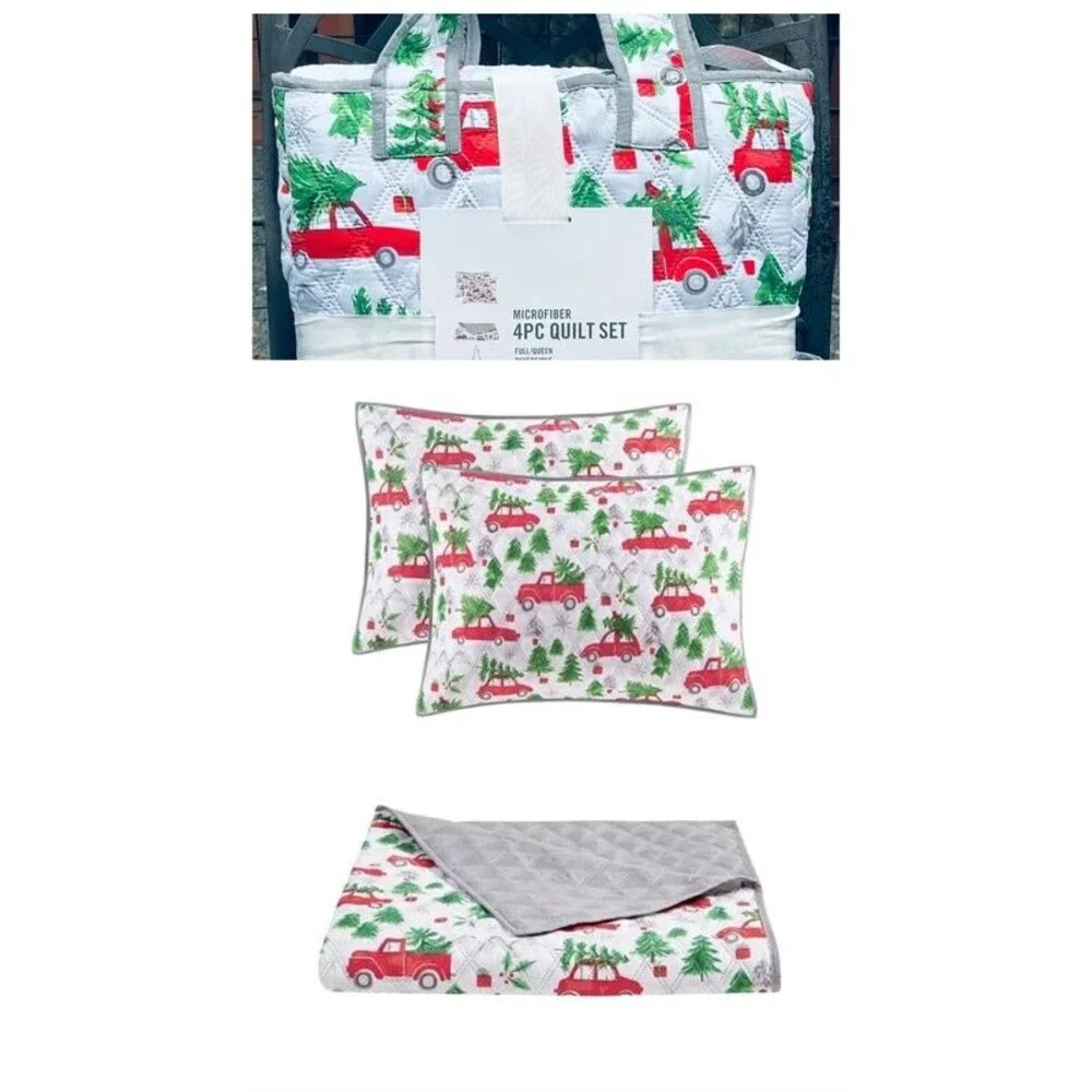 Martha Stewart Christmas Truck Quilt 4 Pc Set Full/Queen Reversible
